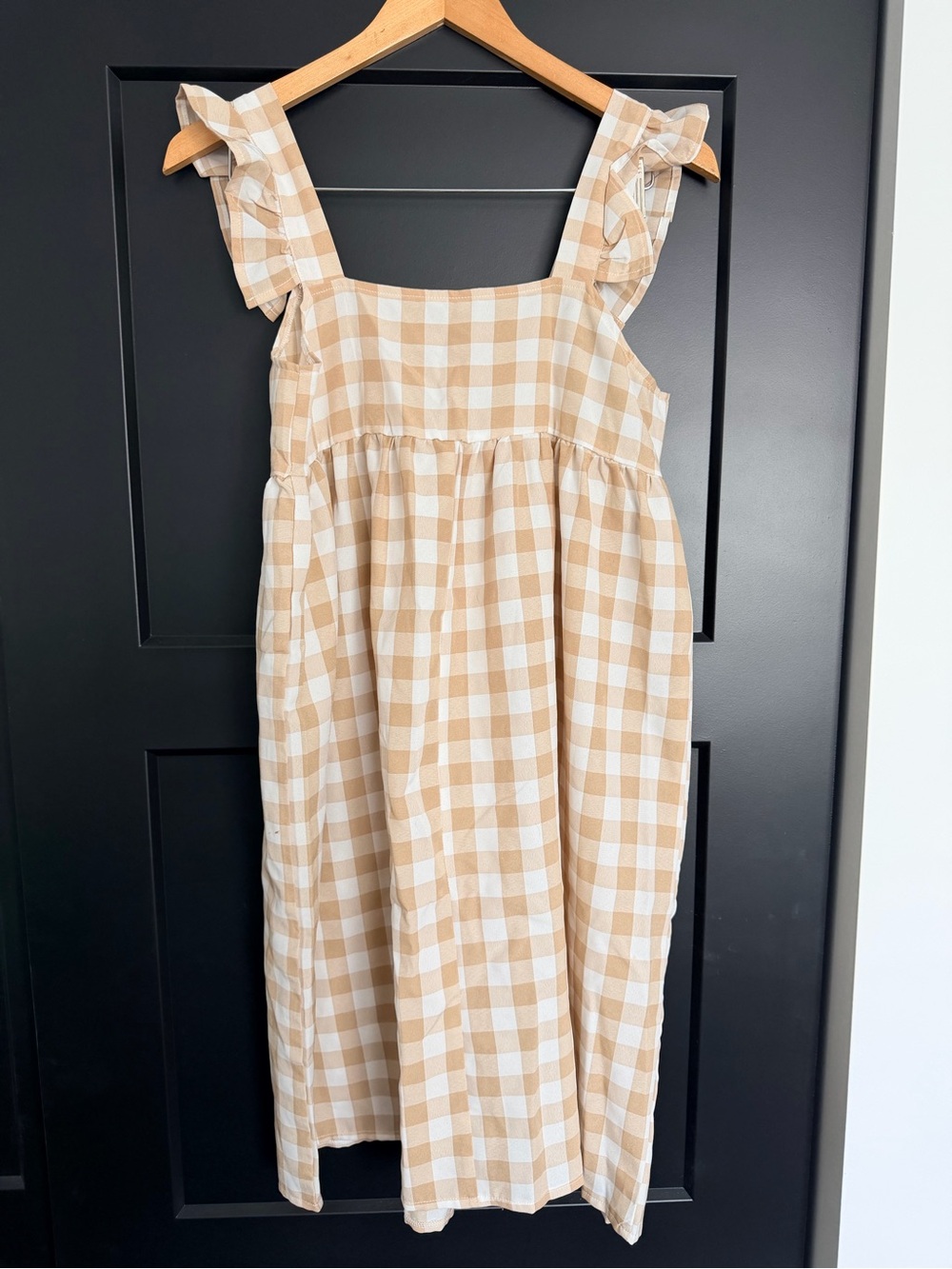 Beige Gingham Plaid Ruffle Strap Babydoll Midi Dress Tan White Cottagecore S